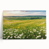 Stretched canvas wall art featuring a serene valley landscape design, showcasing vibrant greens and blues, perfect for home decor. Ideal for nature lovers and modern interiors.