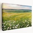 Stretched canvas wall art showcasing a serene valley landscape design, featuring vibrant greens and blues, perfect for modern home decor.