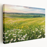 Stretched canvas wall art showcasing a serene valley landscape design, featuring vibrant greens and blues, perfect for modern home decor.