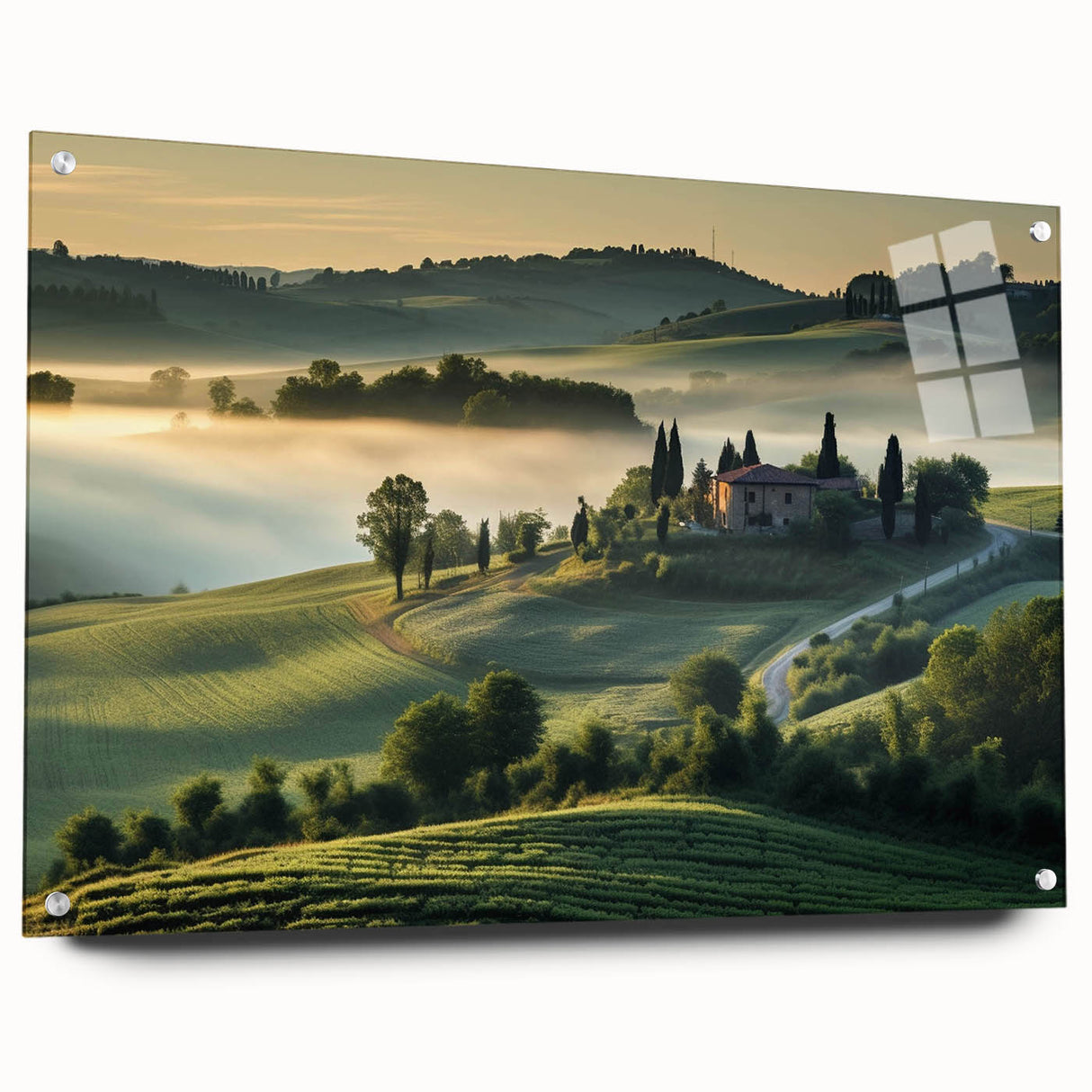 Acrylic glass wall art featuring a vibrant valley landscape design, displayed from a side view with decorative pins, perfect for modern home decor.