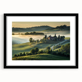 Framed landscape wall art featuring a serene valley scene with rich green tones, black matting, and a sleek black frame, perfect for home decor.