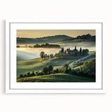 Framed landscape wall art depicting a serene valley scene with lush greenery and a tranquil river, featuring a white mat and modern design, perfect for home decor.