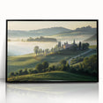 Framed acrylic wall art showcasing a serene valley landscape design with vibrant greens and blues, perfect for home decor. The artwork features a sleek black frame, enhancing its modern appeal.