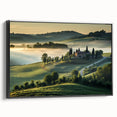 Framed canvas wall art showcasing a serene valley landscape design with vibrant colors and a black frame, perfect for home decor enhancement.