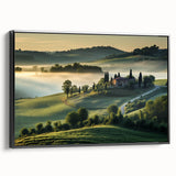 Framed canvas wall art showcasing a serene valley landscape design with vibrant colors and a black frame, perfect for home decor enhancement.