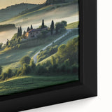Framed canvas wall art showcasing a vibrant valley landscape design, featuring rich greens and blues, perfect for home decor. Close-up highlights the detailed texture and colors.