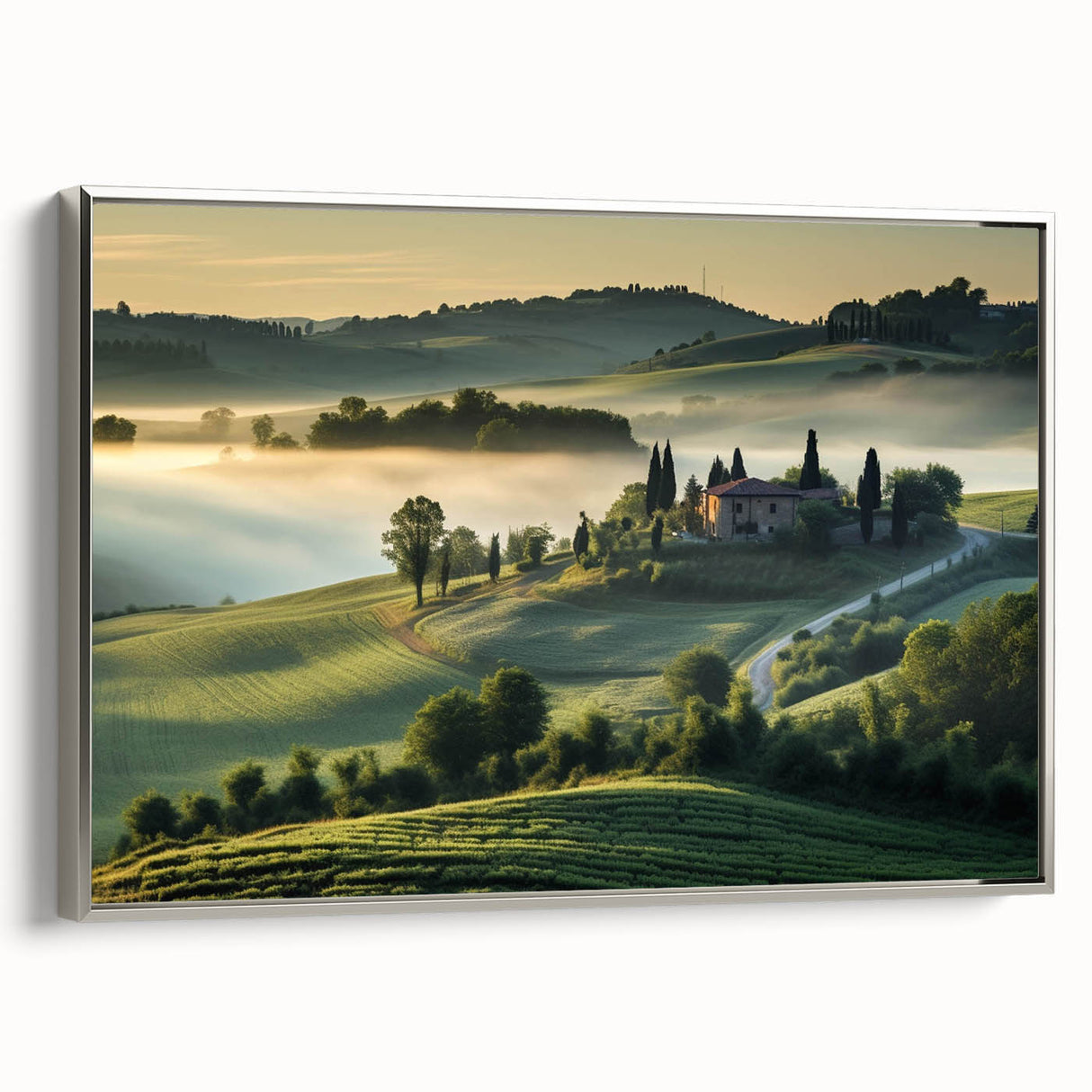 Framed canvas wall art featuring a serene valley landscape design with silver accents, showcasing lush greenery and a tranquil atmosphere, perfect for home decor.