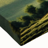 Vibrant close-up of a stretched canvas wall art piece showcasing a serene valley landscape, featuring lush greens and soft blue skies, perfect for home decor.