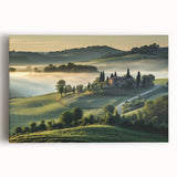 Stretched canvas wall art showcasing a vibrant valley landscape design, featuring lush greenery and dramatic mountain peaks, perfect for enhancing home decor.