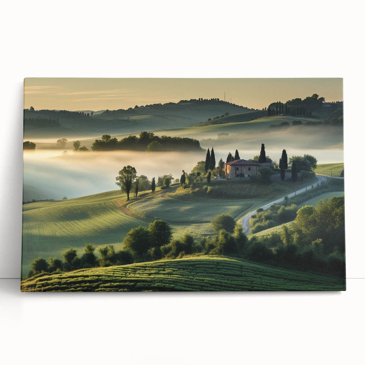 Stretched canvas wall art depicting serene valley landscapes, featuring rich greens and blues, designed to evoke tranquility and harmony in any space.