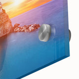 Close-up of a vibrant acrylic wall art piece showcasing a picturesque village landscape, highlighting rich colors and intricate details, ideal for home decor.