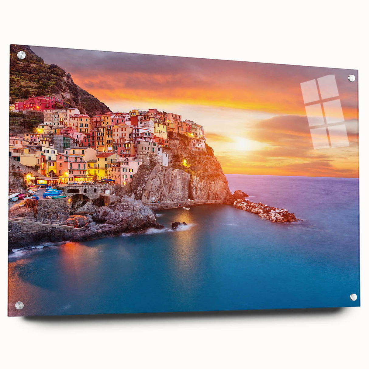 Acrylic glass wall art collection showcasing a vibrant landscape and village design, featuring a side view with visible pins for mounting. Perfect for home decor.