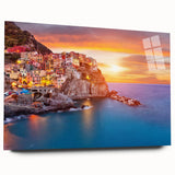 Acrylic glass wall art showcasing a vibrant village landscape design, featuring rich colors and intricate details, ideal for modern home decor. The side view highlights its sleek finish and artistic appeal, making it a perfect addition to any living space.