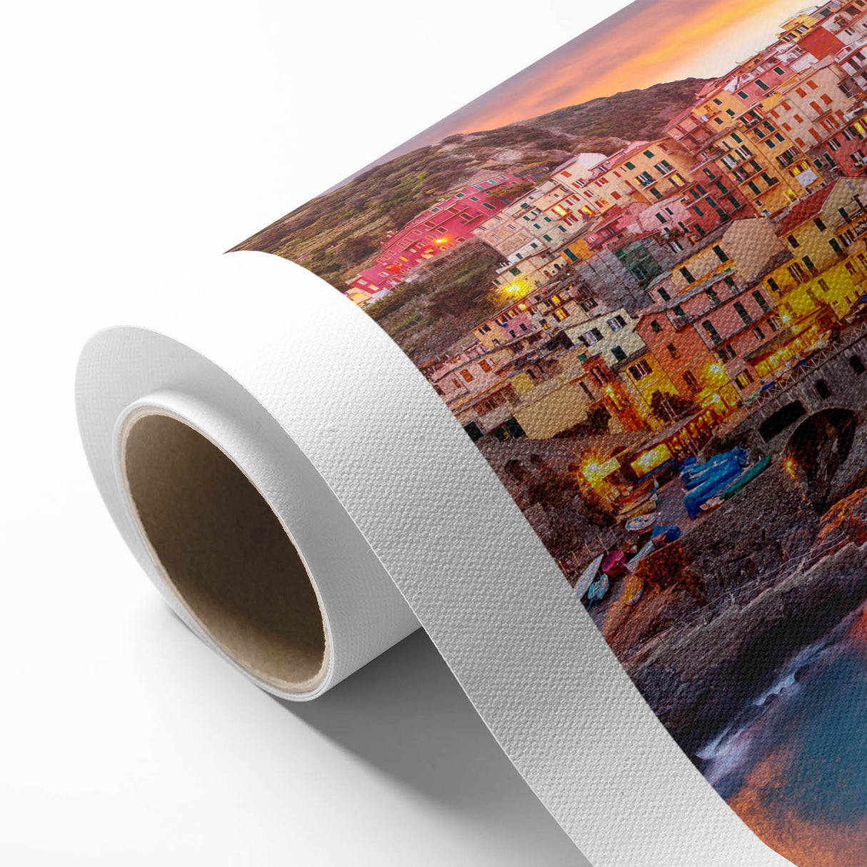 Rolled canvas wall art showcasing a vibrant village landscape design with warm colors and intricate details, ideal for home decor and artistic enhancement.