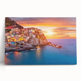 Stretched canvas wall art depicting a serene village landscape with vibrant colors, ideal for home decor, creating a calming atmosphere in any room.