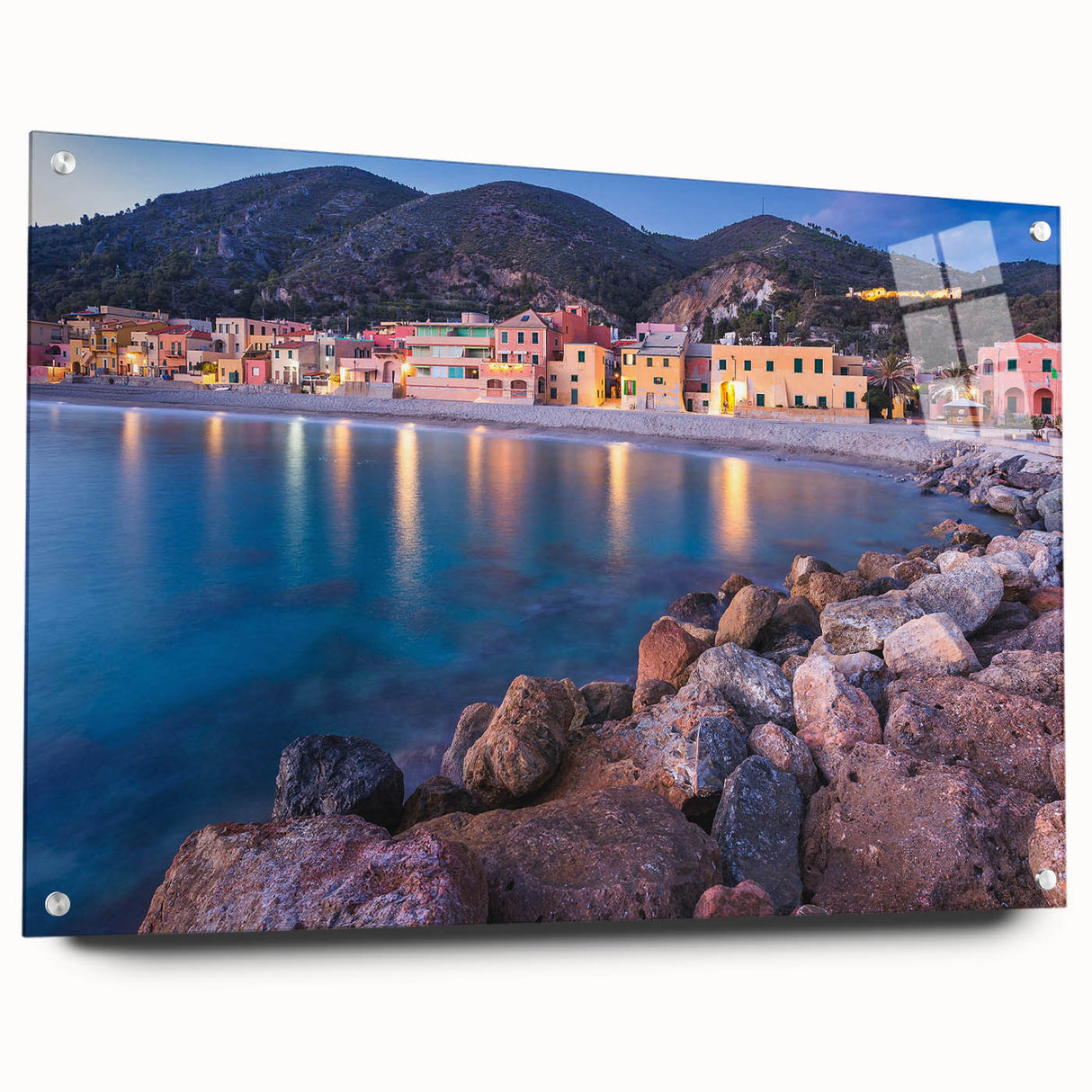Acrylic wall art collection featuring a side view of a vibrant village landscape design, elegantly displayed with pins on a light-colored wall, ideal for home decor.