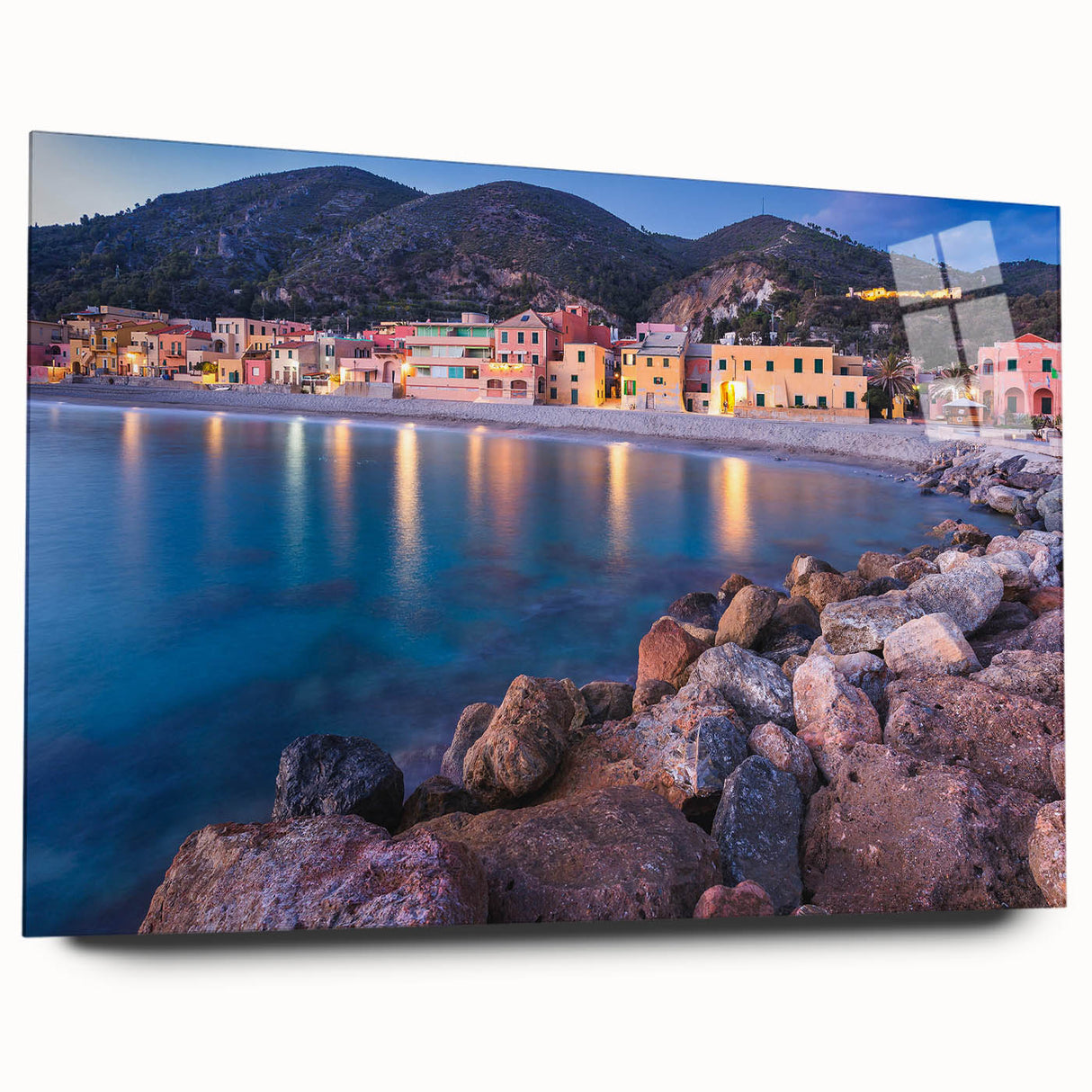 Acrylic glass wall art showcasing a vibrant village landscape design in vivid colors, displayed in a side view without pins, perfect for modern home decor.