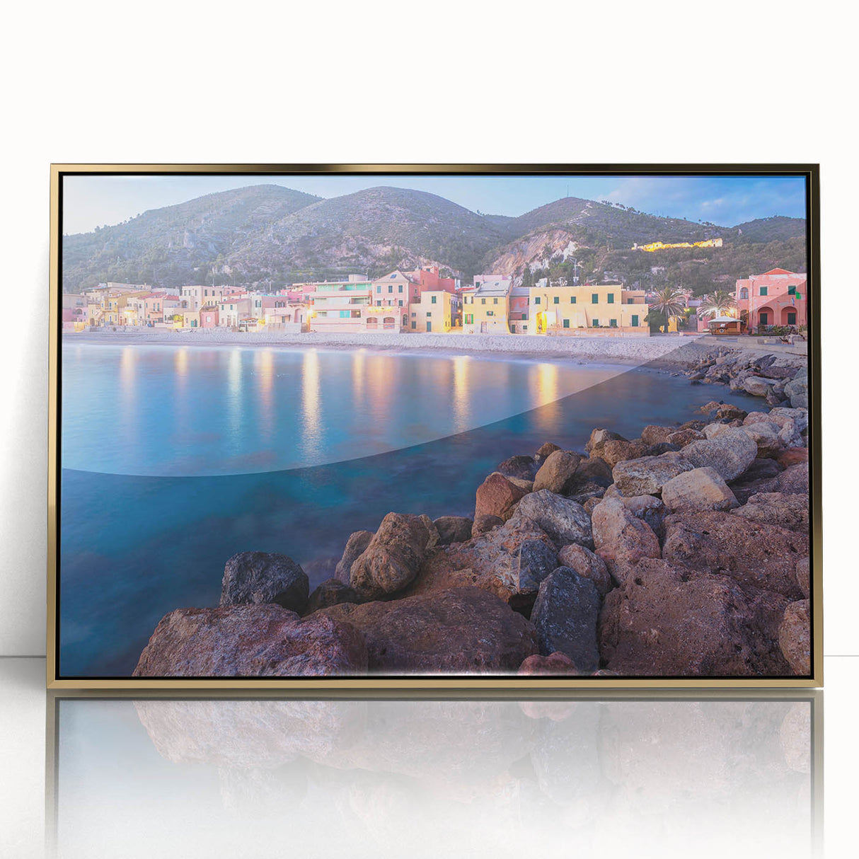 Framed acrylic wall art showcasing a vibrant village landscape design with gold accents, perfect for home decor. Ideal for enhancing living spaces with a touch of elegance.