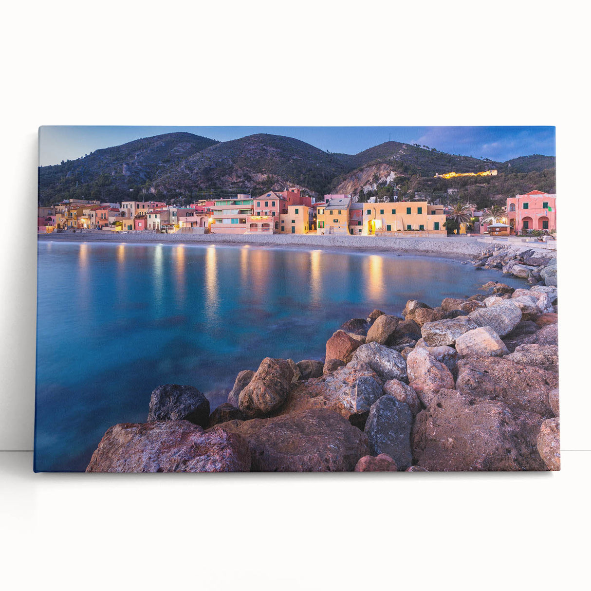 Stretched canvas wall art showcasing a scenic village landscape with vibrant colors, ideal for home decor. Perfect for adding a touch of nature to any room.