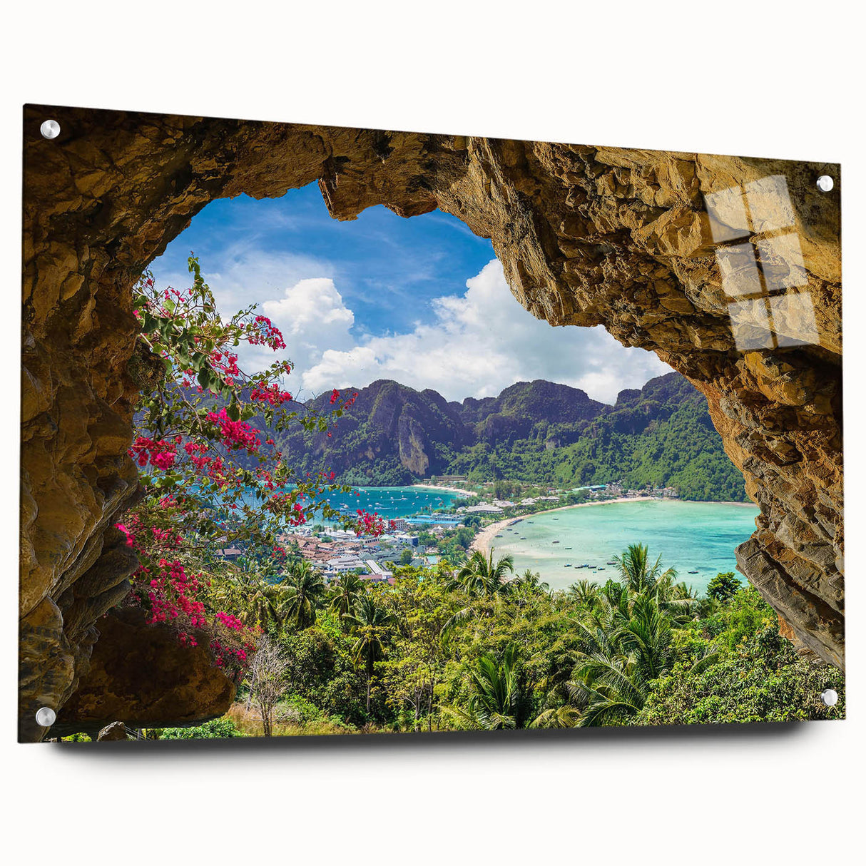 Side view of a contemporary acrylic wall art piece showcasing a vibrant village landscape design, elegantly mounted with pins for stylish display.