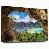 Acrylic glass wall art featuring a vibrant landscape design of a picturesque village, showcasing rich colors and intricate details, perfect for home decor.