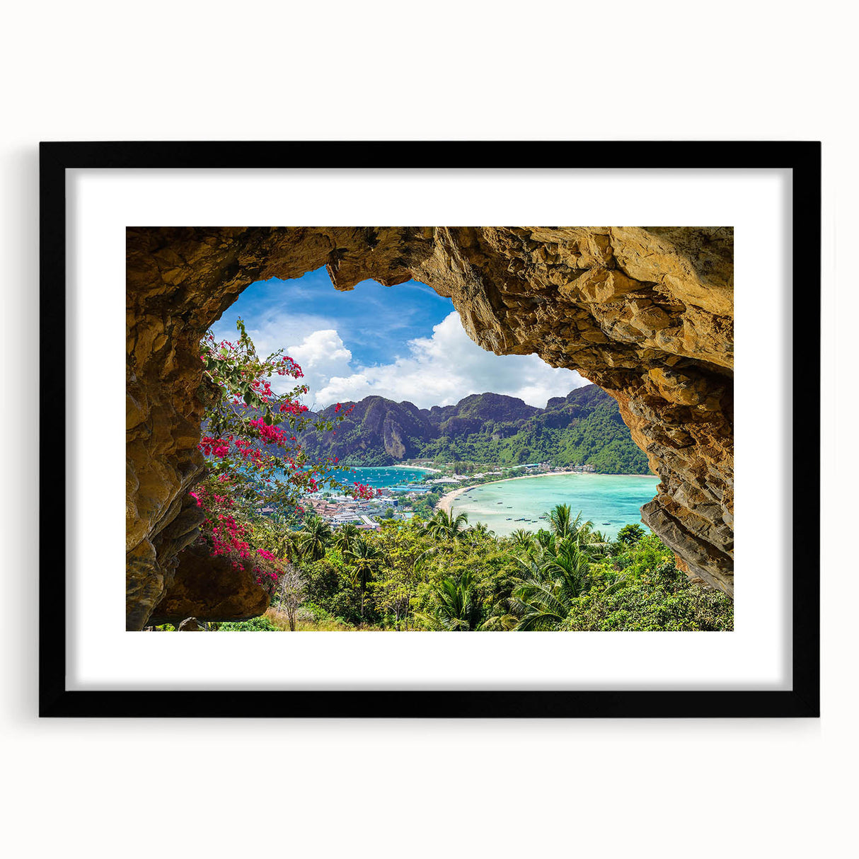 Black-framed wall art featuring a serene landscape village design, showcasing rolling hills and quaint homes, perfect for modern home decor.