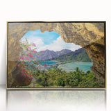 Framed acrylic wall art featuring a vibrant landscape of a charming village, accented with gold details, perfect for home decor. Ideal for adding a touch of elegance to any room.