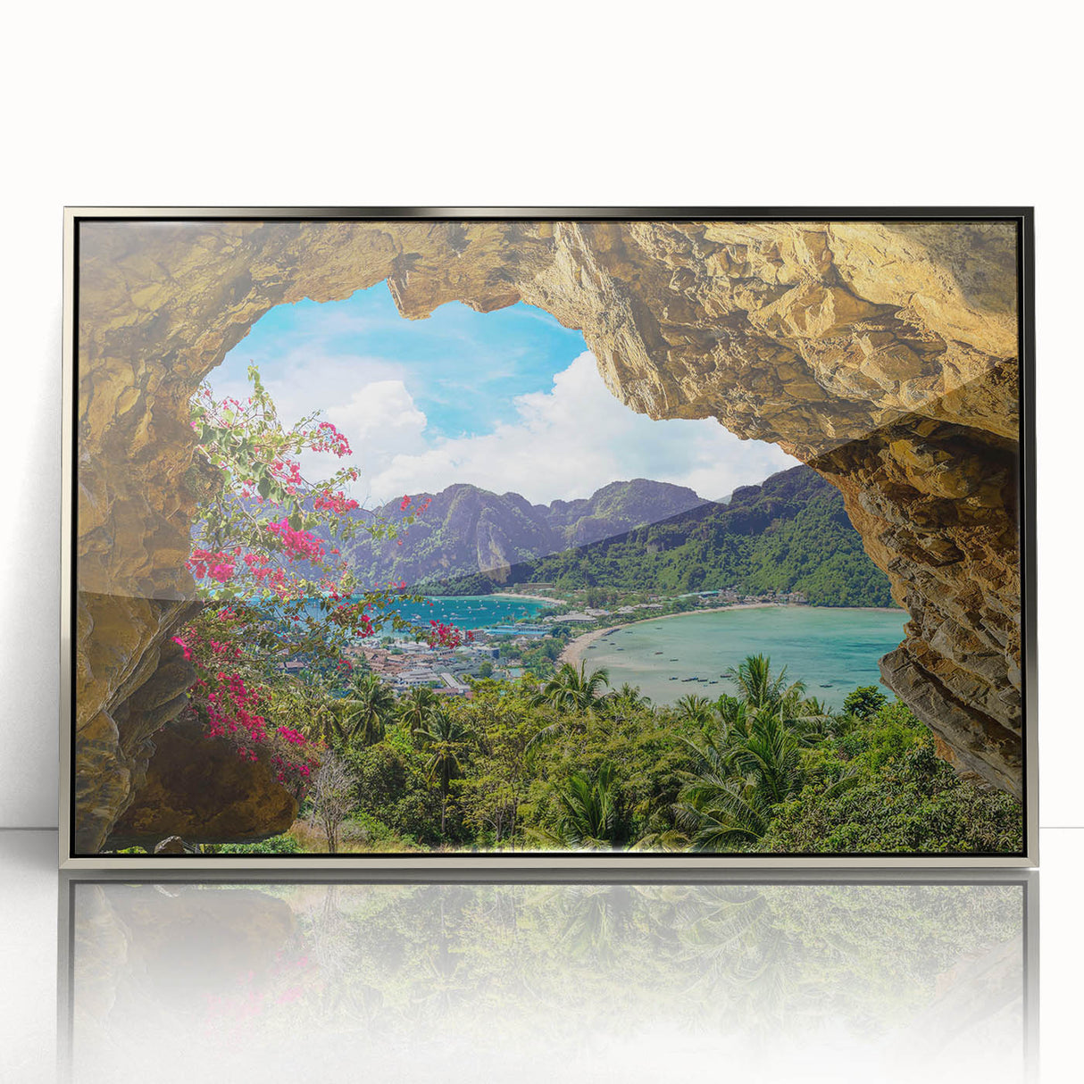 Framed acrylic wall art showcasing a stunning village landscape design in silver tones, ideal for modern home decor, enhancing any living space with elegance.