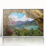 Framed acrylic wall art depicting a serene village landscape with vibrant colors and intricate details, perfect for home decor, displayed from a front view.