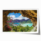 Rolled print of a vibrant village landscape, showcasing colorful houses against a serene backdrop of mountains and trees, ideal for home decor and art enthusiasts.