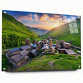 Acrylic glass wall art collection showcasing vibrant village landscapes, featuring intricate designs, vivid colors, and a side view display with decorative pins. Ideal for enhancing home decor and art aesthetics.