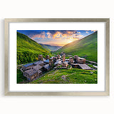 Framed wall art collection featuring a serene landscape village design with a silver mat, ideal for home decor, enhancing interior aesthetics with calm colors.
