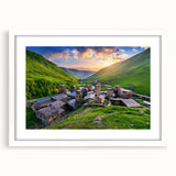 Framed landscape wall art collection featuring serene village scenes, with a sleek white mat and frame, ideal for enhancing home decor. Perfect for art enthusiasts.