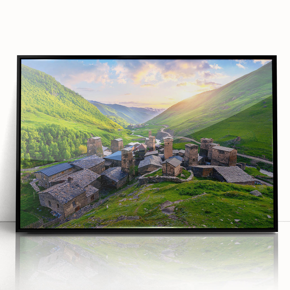 Framed wall art collection showcasing a vibrant village landscape design in acrylic format, featuring a sleek black frame and clear front view, perfect for home decor.