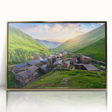 Framed acrylic wall art showcasing a vibrant village landscape design with golden accents, ideal for modern home decor, emphasizing artistic detail and color harmony.