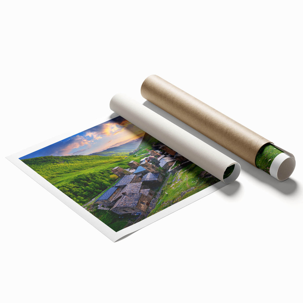 Rolled print showcasing a vibrant village landscape design with lush greenery and colorful homes, perfect for enhancing any interior decor.