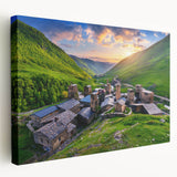 Stretched canvas wall art showcasing a serene landscape village design with vibrant colors and intricate details, perfect for home decor enhancement.