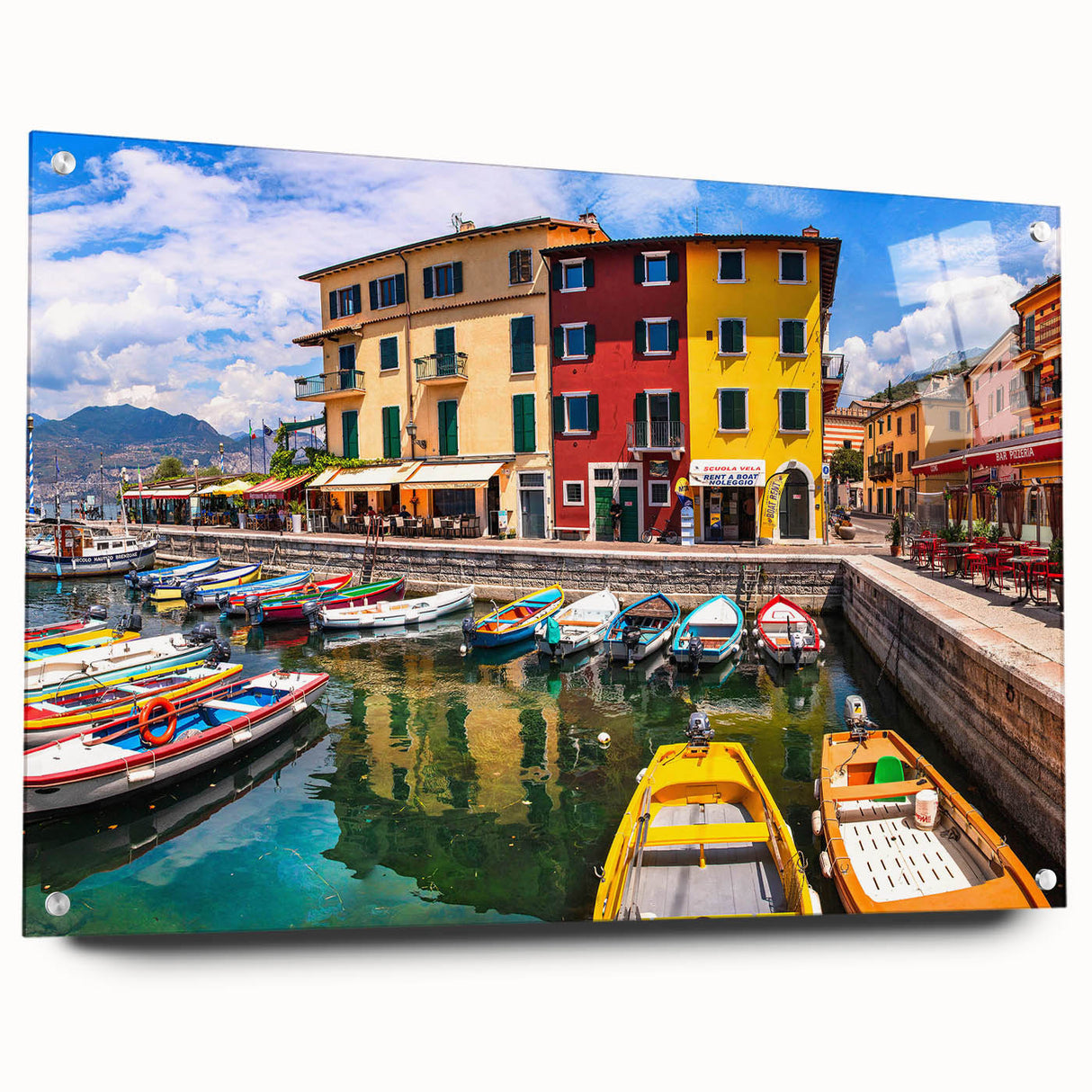 Acrylic glass wall art showcasing a vibrant landscape village design with intricate details, mounted with pins for easy display, perfect for home decor.