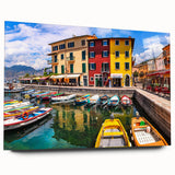 Acrylic wall art design showcasing a vibrant landscape of a serene village, featuring lush greenery and colorful houses, displayed in a side view without pins. Perfect for home decor.