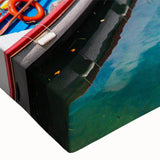 Close-up of a vibrant stretched canvas wall art piece showcasing a picturesque village landscape design, featuring rich colors and intricate details, perfect for home decor.