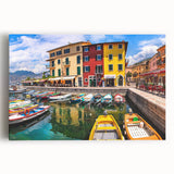 Stretched canvas wall art showcasing a vibrant village landscape design, featuring lush greenery and colorful houses, ideal for home decor and interior design.