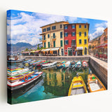 Stretched canvas wall art showcasing a serene village landscape design with vibrant colors, perfect for home decor. Side view highlights the canvas texture and quality.