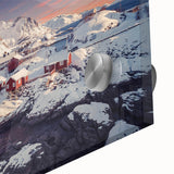 Close-up of a vibrant acrylic glass wall art piece showcasing a picturesque village landscape, ideal for adding a touch of elegance to home decor.