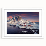 Framed wall art featuring a serene village landscape design, showcased in a white matte frame. Ideal for enhancing home decor with a tranquil aesthetic.