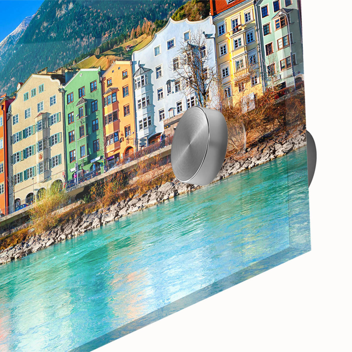Close-up view of a vibrant acrylic glass wall art piece showcasing a serene landscape with colorful village scenes, perfect for enhancing modern home decor.