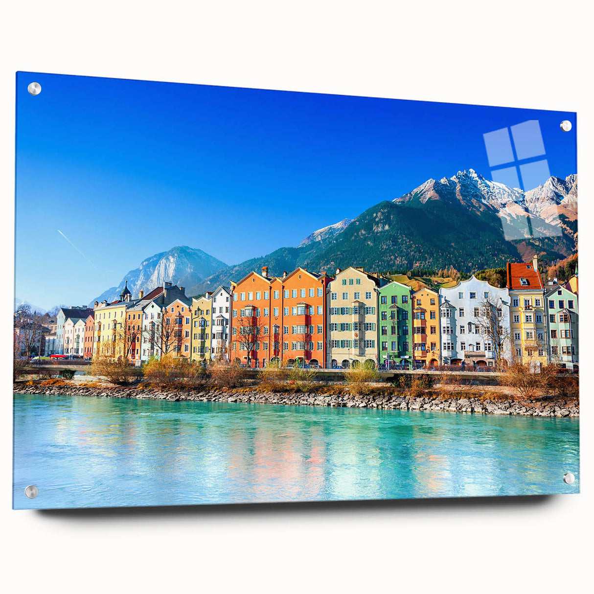 Acrylic glass wall art collection showcasing a vibrant village landscape design, featuring intricate details and rich colors, mounted with pins for a contemporary display.