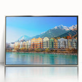 Framed acrylic wall art showcasing a serene village landscape design with silver accents, ideal for home decor, adding elegance to any room.