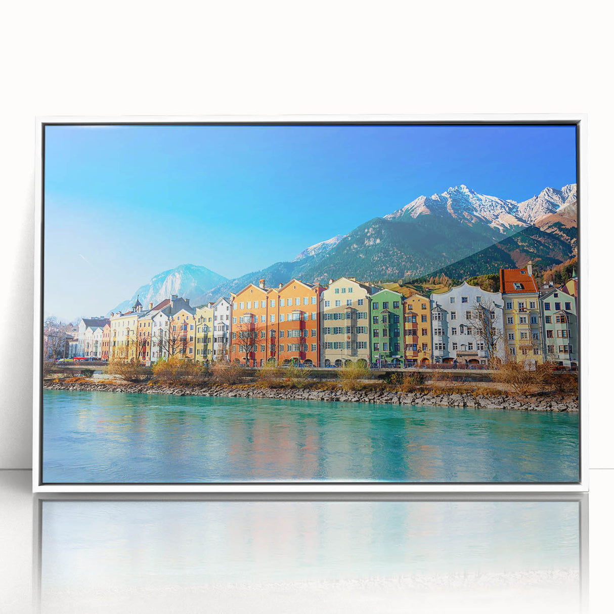 Framed acrylic wall art showcasing a serene landscape village design. The artwork features vibrant colors and intricate details, enhancing any home decor.