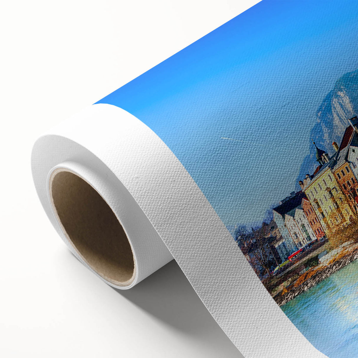 Rolled canvas showcasing a vibrant landscape village design with rich colors and intricate details, perfect for home decor. Packaged securely in a durable tube for safe delivery.