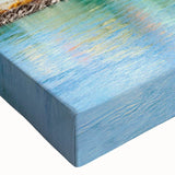 Close-up of a stretched canvas wall art piece showcasing a vibrant landscape design with intricate village details, ideal for home decor and artistic expression.